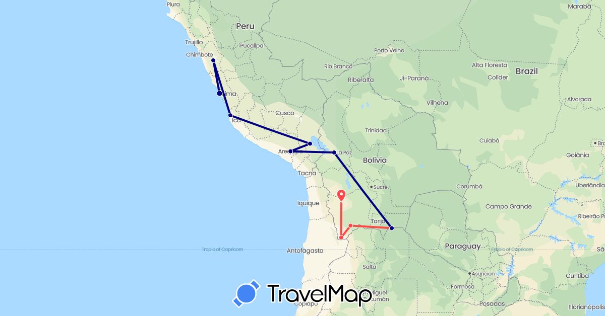 TravelMap itinerary: driving, hiking in Bolivia, Peru (South America)